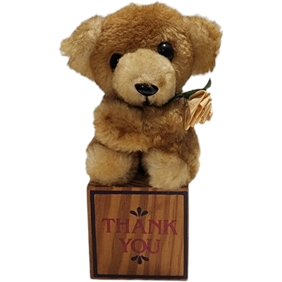 Vintage Thank you Bear on a block by Paula tiny plush bear holding a Rose - Picture 1 of 13